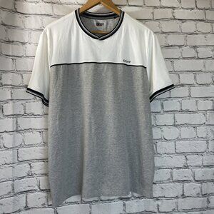 DNKY Mens Large L Casual Short Sleeve Shirt White Gray Colorblock Skater Stretch